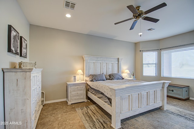 bedroom featuring recessed lighting, visible vents, and baseboards