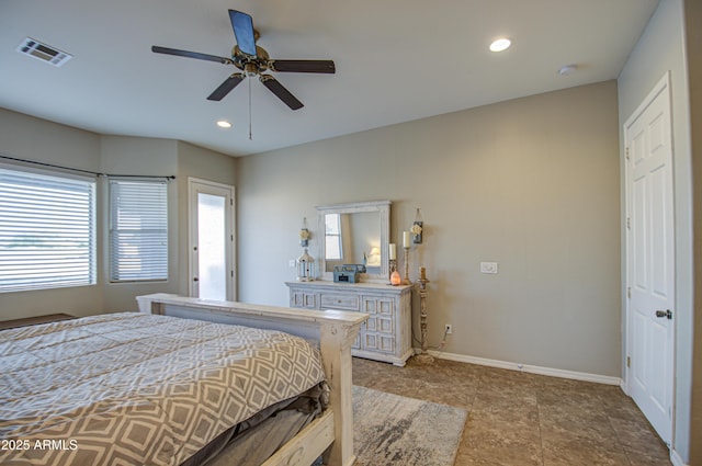 bedroom with a ceiling fan, recessed lighting, visible vents, and baseboards