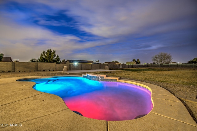 view of swimming pool featuring a fenced backyard, a fenced in pool, and a patio