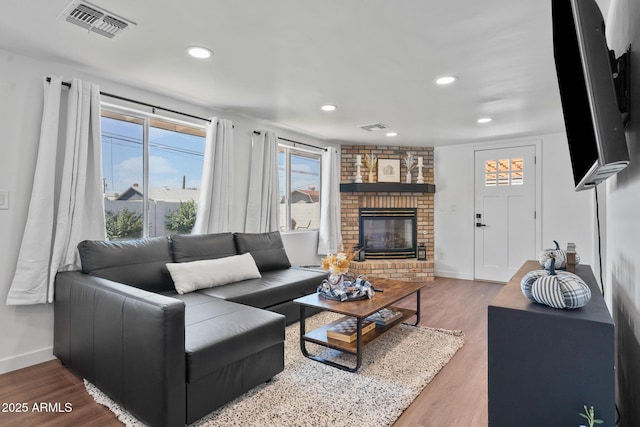 living room featuring wood-type flooring and a fireplace