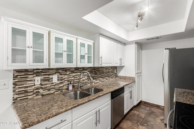 714 E Morningside Dr, Phoenix, AZ 85022 - kitchen featuring a sink, white cabinetry, appliances with stainless steel finishes, and a raised ceiling