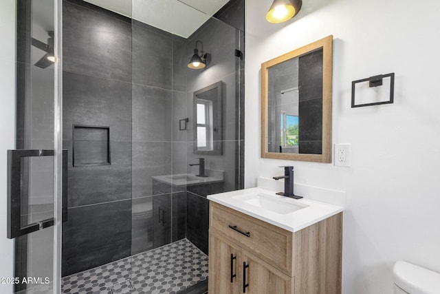 bathroom featuring a shower stall, toilet, and vanity