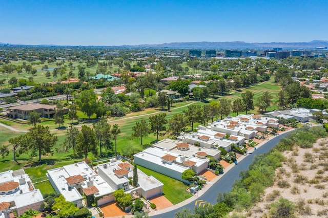 bird's eye view with a mountain view, a residential view, and view of golf course