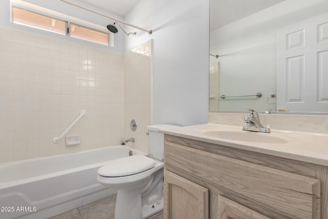 full bathroom with shower / bath combination, vanity, toilet, and tile patterned floors