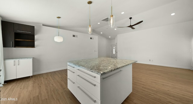 6833 E Grandview Dr, Scottsdale, AZ 85254 - kitchen featuring ceiling fan, lofted ceiling, decorative light fixtures, light wood finished floors, and baseboards