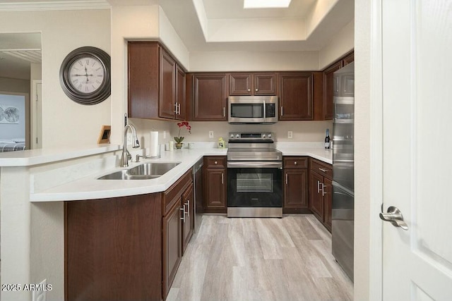 kitchen featuring sink, light hardwood / wood-style flooring, stainless steel appliances, a tray ceiling, and kitchen peninsula