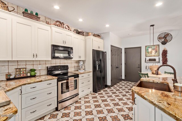 1235 N Sunnyvale Unit 113, Mesa, AZ 85205 - kitchen featuring black appliances, a sink, light flooring, white cabinets, and decorative backsplash