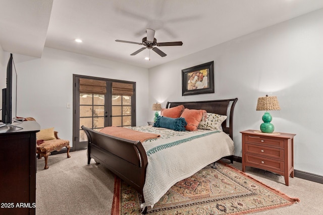 1235 N Sunnyvale Unit 113, Mesa, AZ 85205 - carpeted bedroom featuring french doors, recessed lighting, baseboards, and a ceiling fan