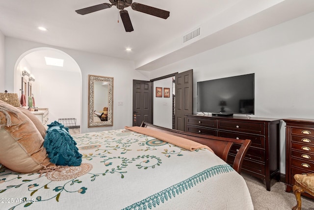 1235 N Sunnyvale Unit 113, Mesa, AZ 85205 - bedroom featuring arched walkways, carpet floors, ceiling fan, and recessed lighting
