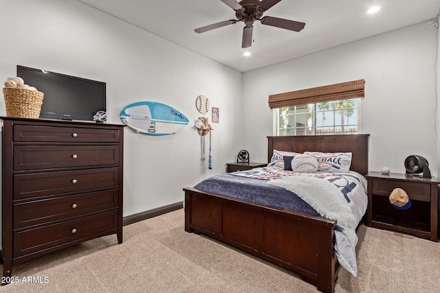 1235 N Sunnyvale Unit 113, Mesa, AZ 85205 - bedroom with light colored carpet, ceiling fan, recessed lighting, and baseboards