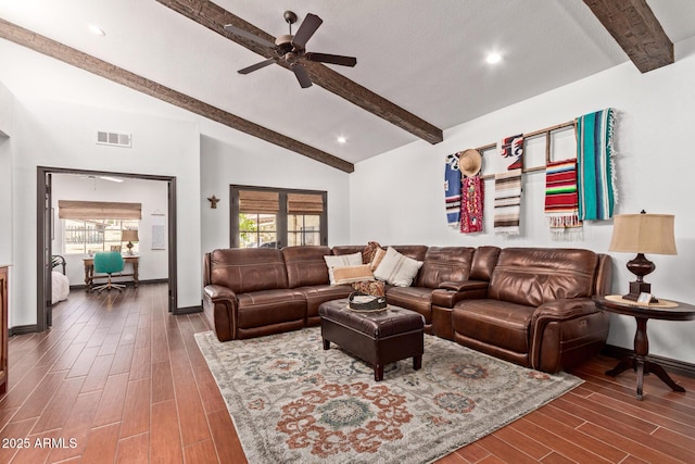 1235 N Sunnyvale Unit 113, Mesa, AZ 85205 - living room featuring plenty of natural light, a ceiling fan, dark wood-type flooring, baseboards, and recessed lighting