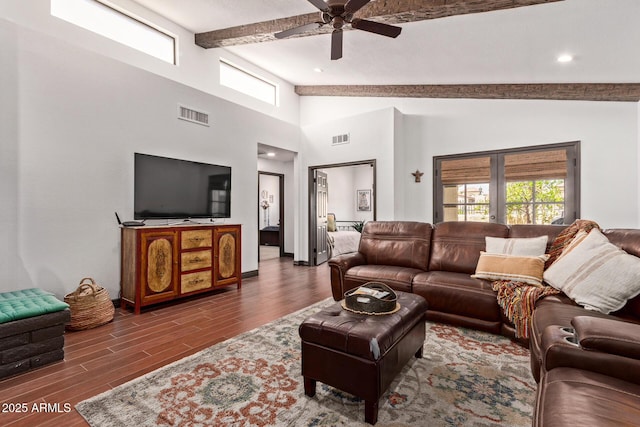 1235 N Sunnyvale Unit 113, Mesa, AZ 85205 - living area with beam ceiling, ceiling fan, healthy amount of natural light, wood finished floors, and high vaulted ceiling