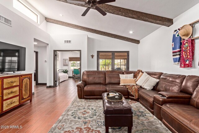1235 N Sunnyvale Unit 113, Mesa, AZ 85205 - living area featuring ceiling fan, beam ceiling, dark wood-style flooring, recessed lighting, and high vaulted ceiling