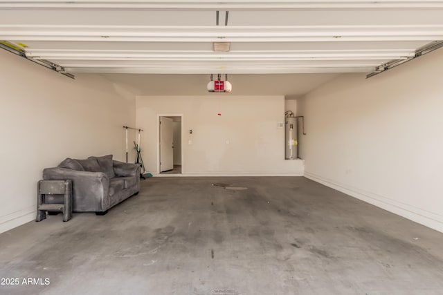 garage with a garage door opener, water heater, and baseboards