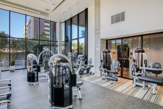 workout area with floor to ceiling windows, a healthy amount of sunlight, and visible vents