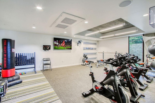gym featuring carpet flooring, baseboards, and recessed lighting