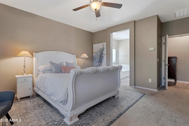 carpeted bedroom featuring baseboards, ceiling fan, connected bathroom, and visible vents