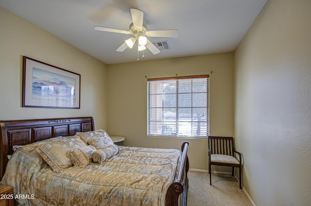 bedroom with ceiling fan, carpet, visible vents, and baseboards