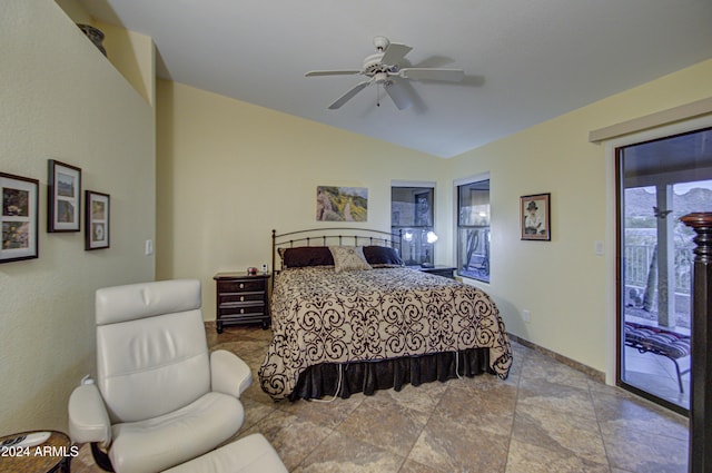 bedroom with access to outside, ceiling fan, and lofted ceiling