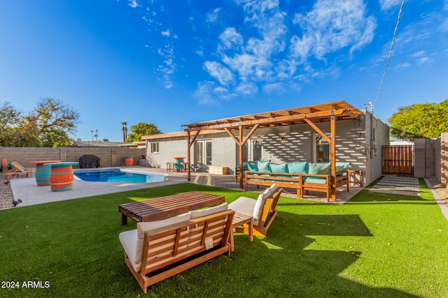 back of property featuring a lawn, a pergola, an outdoor living space, a fenced in pool, and a patio