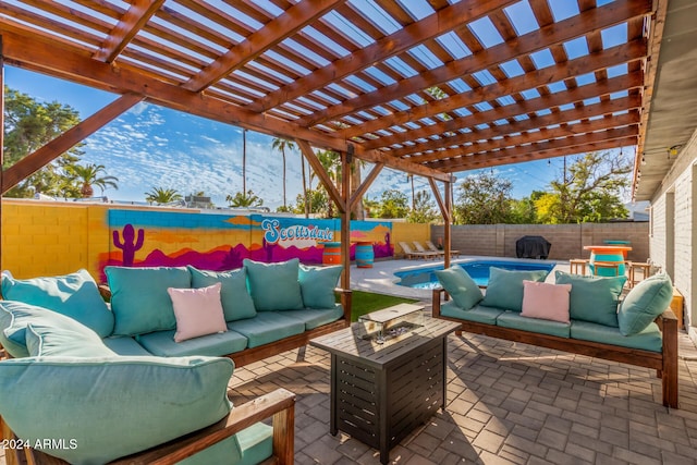 8301 E Crestwood Way, Scottsdale, AZ 85250 - fenced backyard featuring an outdoor living space with a fire pit and a pergola