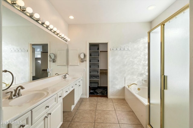 bathroom featuring plenty of natural light, vanity, separate shower and tub, and tile patterned flooring