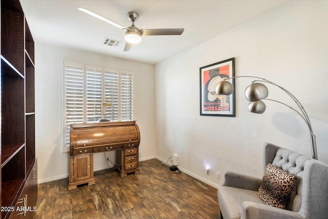 office space with ceiling fan and dark hardwood / wood-style flooring