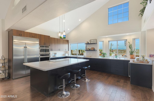 kitchen featuring sink, a breakfast bar area, stainless steel appliances, a center island, and dark hardwood / wood-style flooring