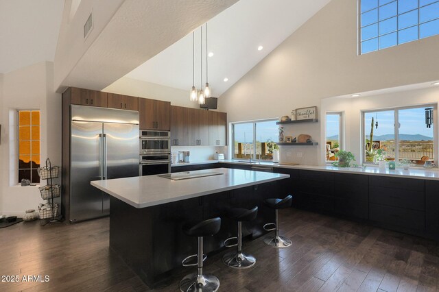 kitchen featuring stainless steel appliances, plenty of natural light, a center island, and a kitchen breakfast bar