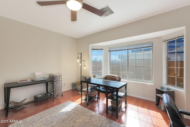 office area featuring ceiling fan and wood-type flooring