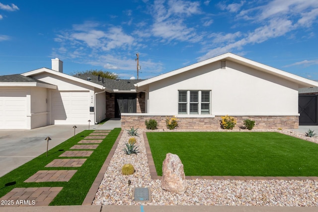 ranch-style house featuring a garage and a front lawn