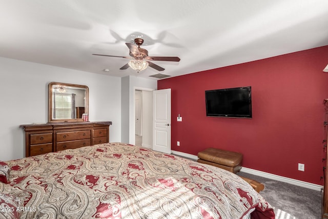 bedroom featuring ceiling fan and carpet floors