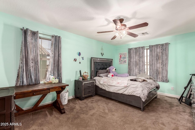 carpeted bedroom featuring ceiling fan