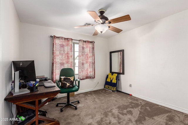 office with ceiling fan and carpet