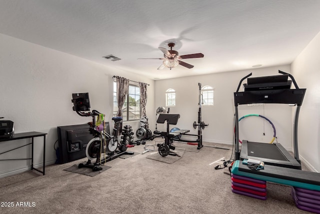 workout area with carpet floors and ceiling fan