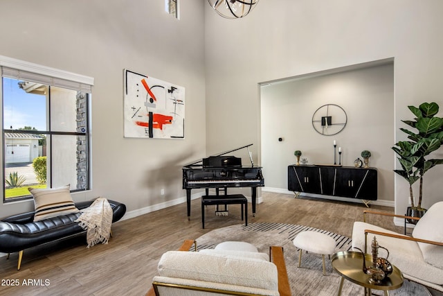 sitting room featuring wood-type flooring and a high ceiling