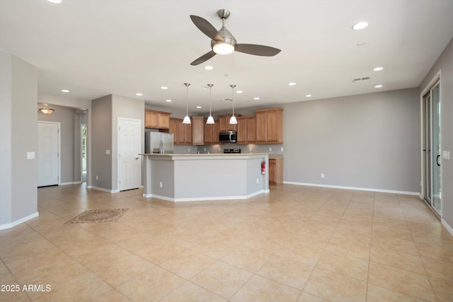 21532 N 262nd Ln, Buckeye, AZ 85396 - unfurnished living room with ceiling fan, recessed lighting, light tile patterned floors, and baseboards