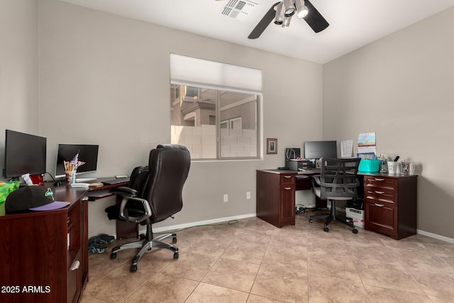 17005 S Coleman St, Phoenix, AZ 85045 - home office featuring baseboards, visible vents, ceiling fan, and light tile patterned floors