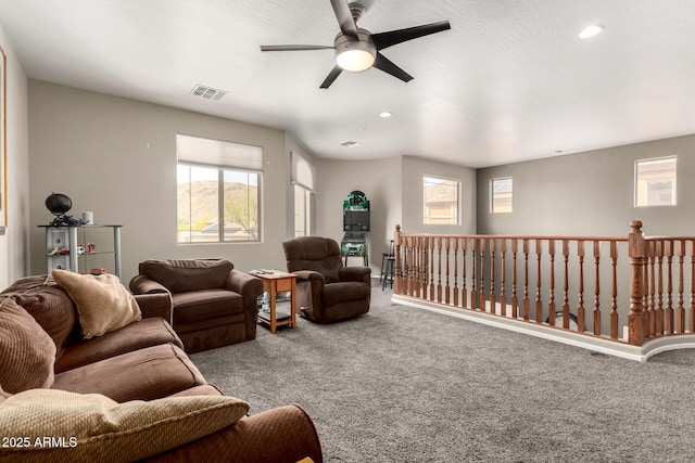 17005 S Coleman St, Phoenix, AZ 85045 - living area featuring visible vents, recessed lighting, carpet flooring, and a ceiling fan