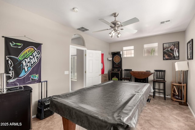 17005 S Coleman St, Phoenix, AZ 85045 - playroom with pool table, ceiling fan, visible vents, and light tile patterned flooring