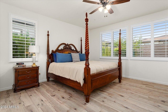 bedroom featuring ceiling fan and light wood-type flooring