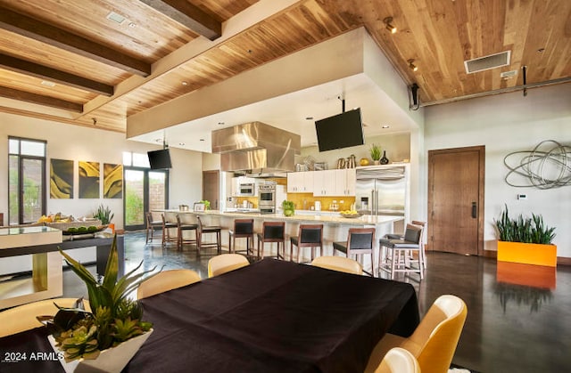 interior space with a healthy amount of sunlight, beam ceiling, a high ceiling, and wooden ceiling