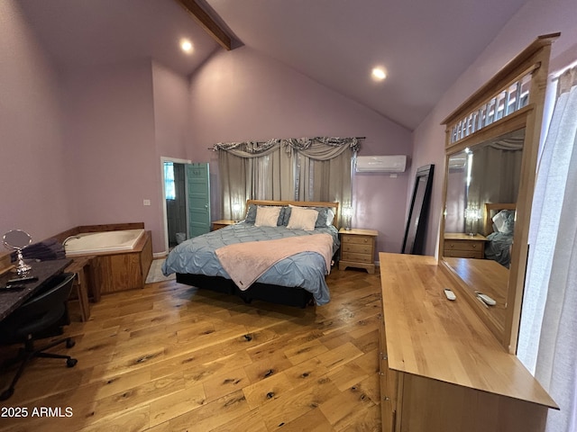 bedroom with beam ceiling, recessed lighting, wood-type flooring, a wall mounted AC, and high vaulted ceiling