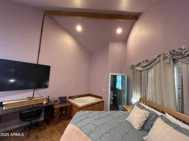 bedroom featuring high vaulted ceiling, beamed ceiling, and wood finished floors