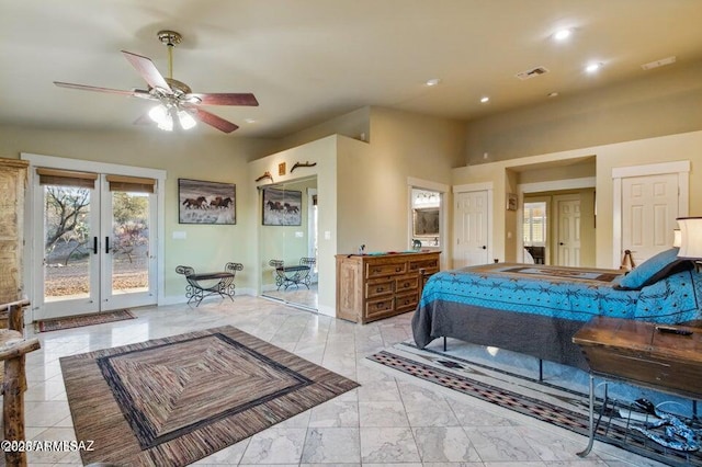 bedroom with marble finish floor, french doors, access to exterior, visible vents, and recessed lighting