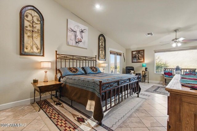 bedroom featuring vaulted ceiling, access to exterior, baseboards, and visible vents