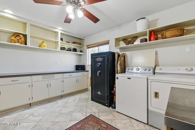 laundry room with marble finish floor, ceiling fan, and independent washer and dryer