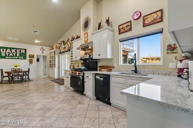 kitchen featuring a sink, black dishwasher, gas stove, exhaust hood, and high vaulted ceiling