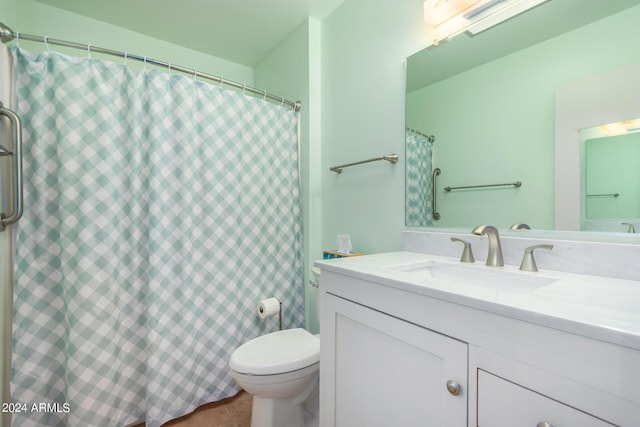 bathroom with toilet, vanity, and a shower with shower curtain