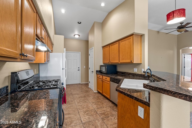 69 E Mohawk Dr, Flagstaff, AZ 86005 - kitchen with stainless steel appliances, under cabinet range hood, a sink, ceiling fan, and light tile patterned floors
